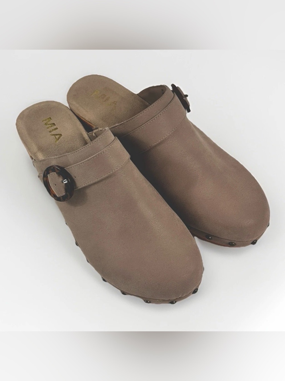 MIA Arturo Clogs‎ Womens 10 Taupe Faux Suede Wood Platform Studded Buckle Boho
